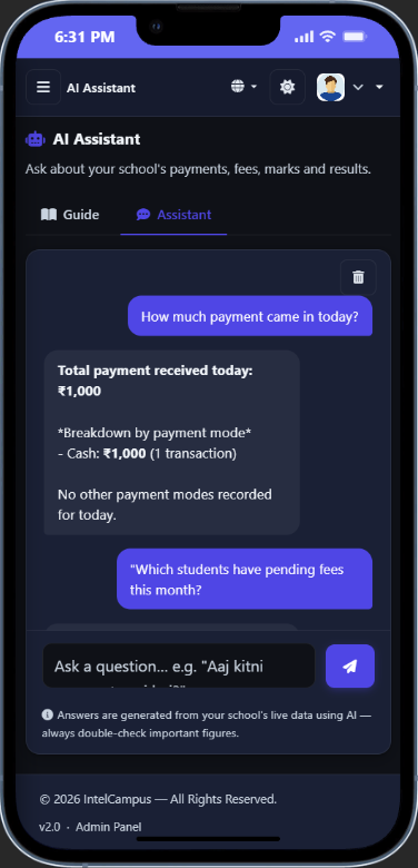 Admin asking the AI Assistant about today's fee collection on IntelCampus