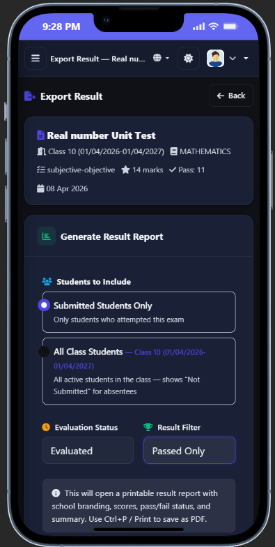 Class-wise exam result report on the IntelCampus app