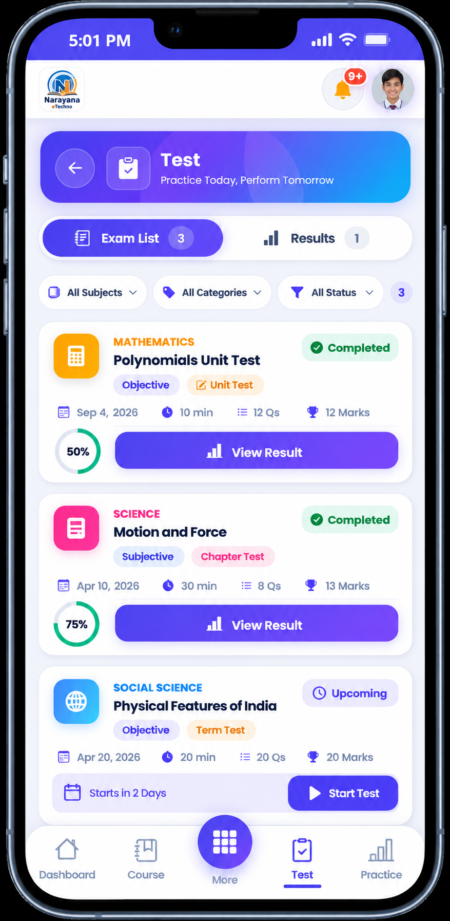 Student attempting an online test on the IntelCampus app